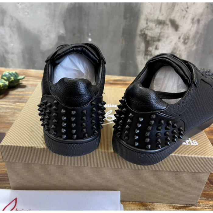 Christian Louboutin Black Mesh Leather Black‑Spiked Low‑Top Sneakers