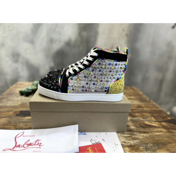 Christian Louboutin Multicolor Crystal Spike‑Decorated Glitter High‑Top Sneakers