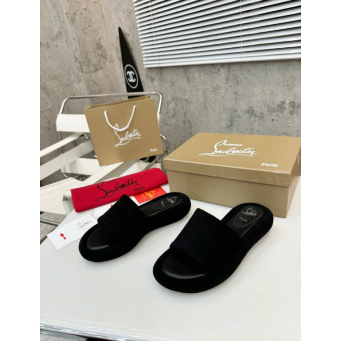 Christian Louboutin Black Suede Platform Flat Slide Sandal