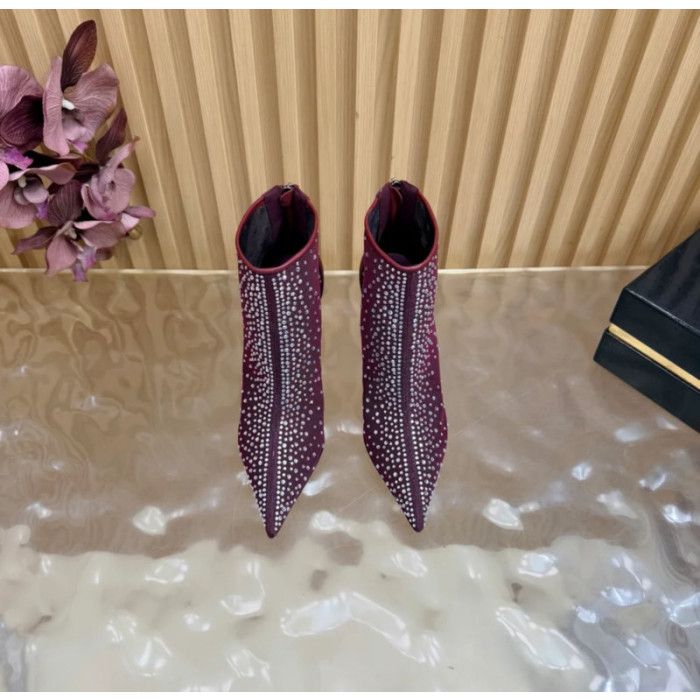 Christian Louboutin Burgundy Mesh Crystal‑Embellished 120mm Pointed‑Toe Stiletto Heel Ankle Boots