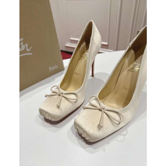 Christian Louboutin Ivory Satin Bow 100mm Square Toe Stiletto Pumps