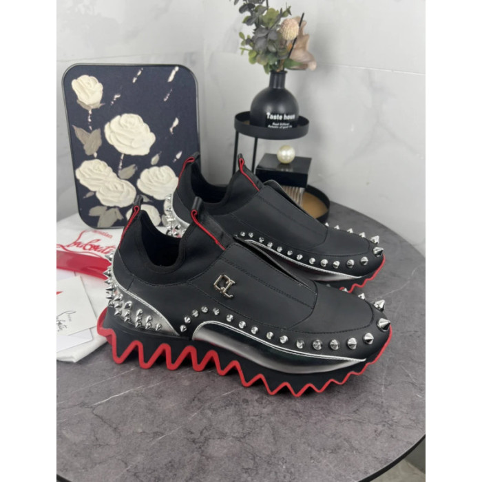 Christian Louboutin Black Silver‑Spiked Slip‑On Sneakers Red Shark‑Tooth Sole
