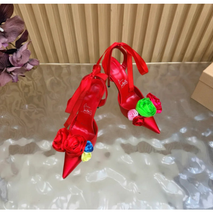 Christian Louboutin Red Satin Multicolor Fabric Flower 100mm Stiletto Heel Slingback Pumps