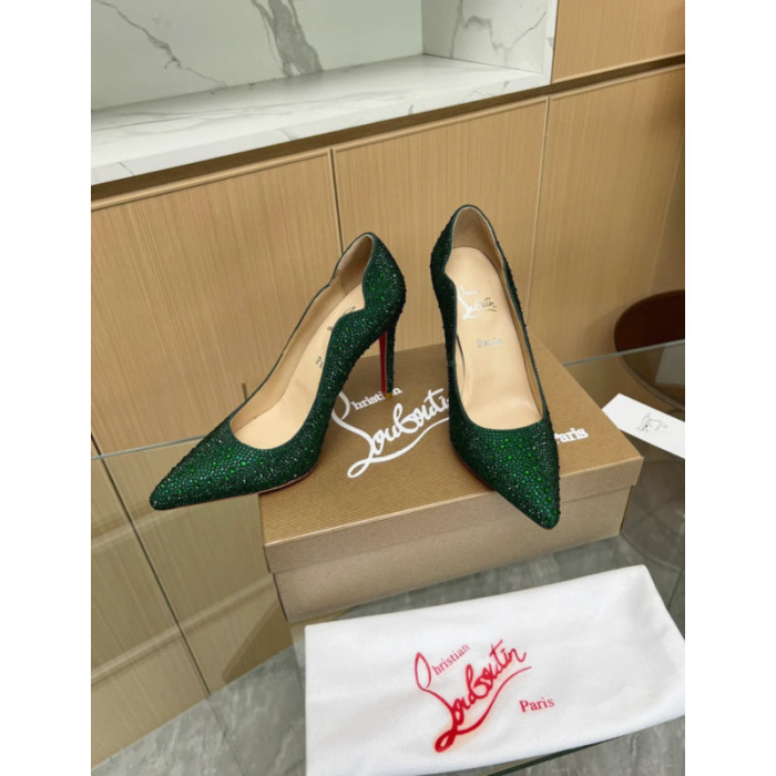 Christian Louboutin Emerald Green Crystal‑Encrusted Scalloped 100mm heel Pump