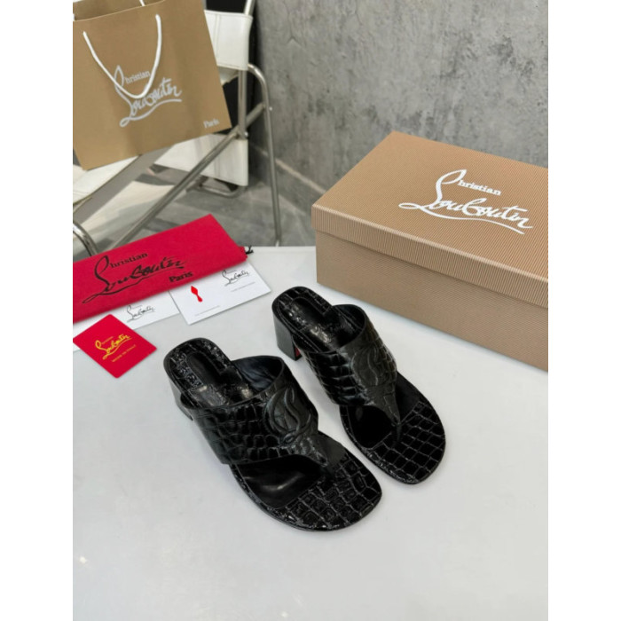Christian Louboutin Black Croc‑Embossed 70mm Block Heel Thong Mule Sandals