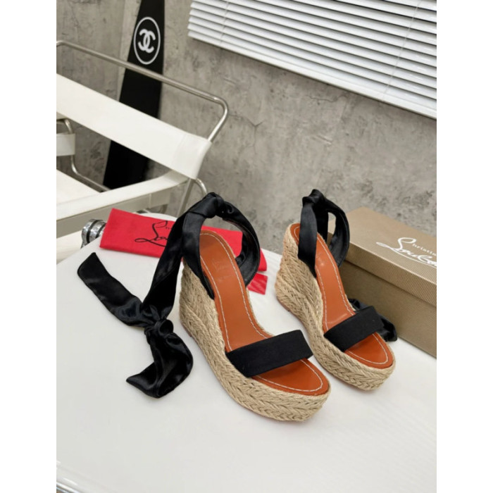 Christian Louboutin Black Textile 120mm heel Wedge Ankle‑Wrap Espadrille Sandal