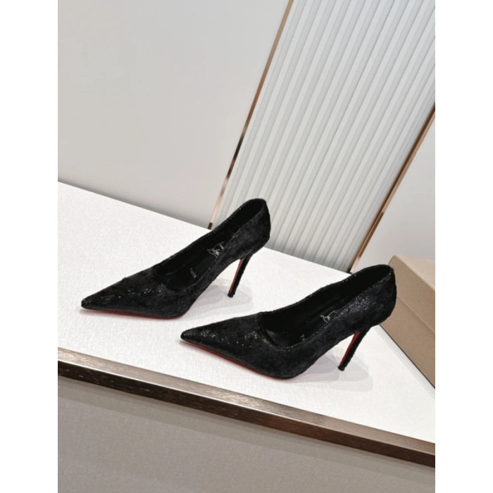 Christian Louboutin Black Glitter Velour 120mm Stiletto Heel So Kate Pumps