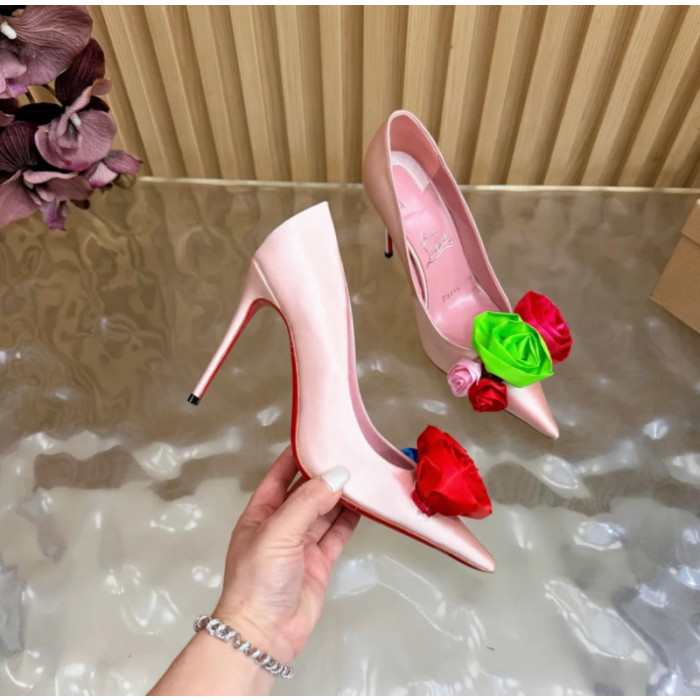 Christian Louboutin Pink Satin Multicolor Fabric Flower 100mm Stiletto Heel Pumps