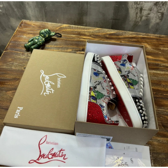 Christian Louboutin Graffiti Print Mixed‑Media Spike Low‑Top Sneakers