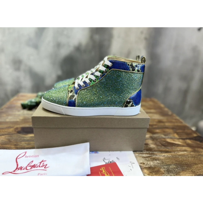 Christian Louboutin Green Crystal‑Embellished Snake‑Print High‑Top Sneakers
