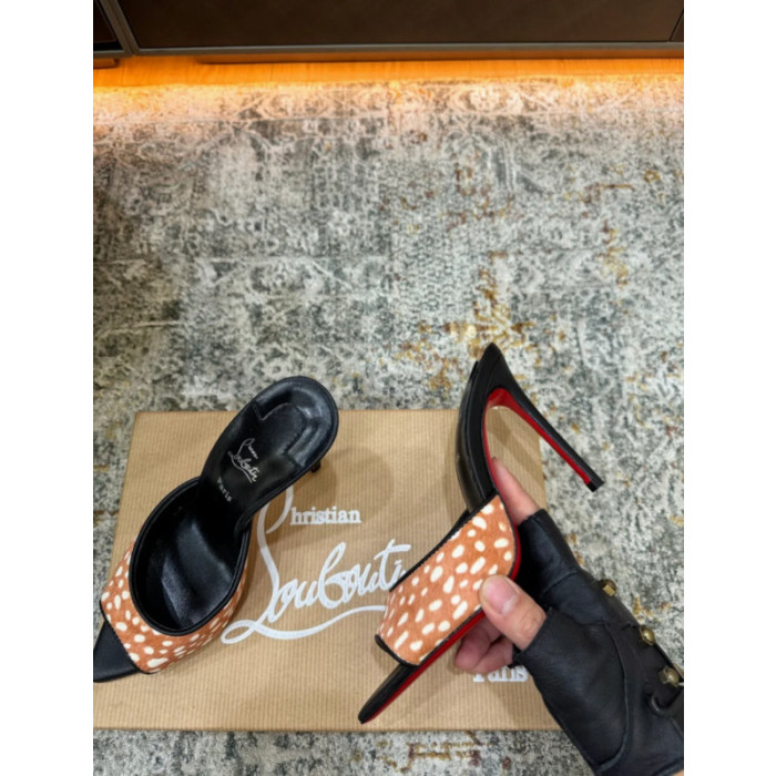 Christian Louboutin Brown‑White Spotted Calf Hair Backless Mule High Heel Sandals