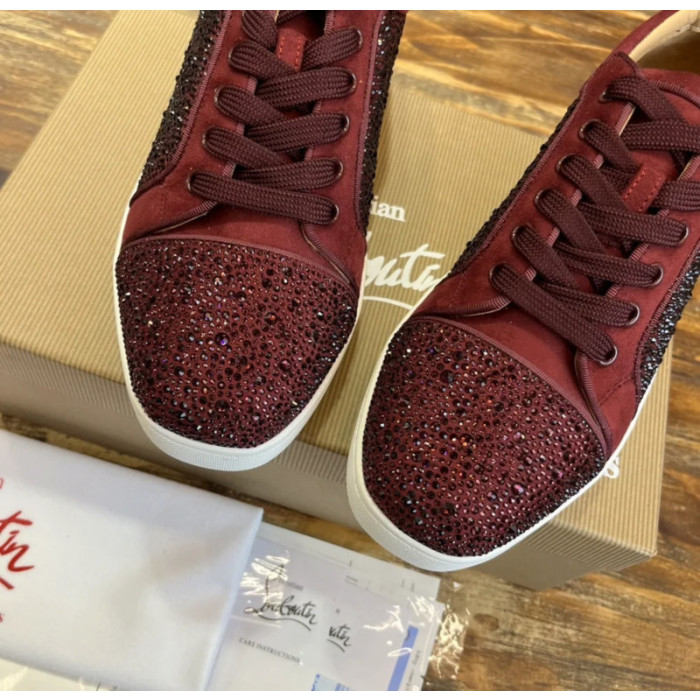 Christian Louboutin Burgundy Suede Crystal‑Embellished Low‑Top Sneakers