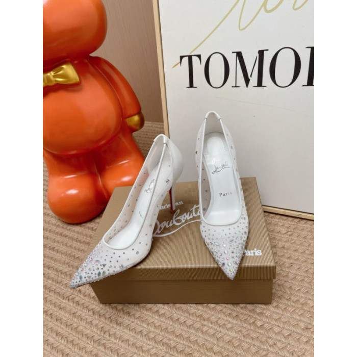 Christian Louboutin White Mesh Crystal‑Embellished 100mm Pointed‑Toe Stiletto Heel Pumps