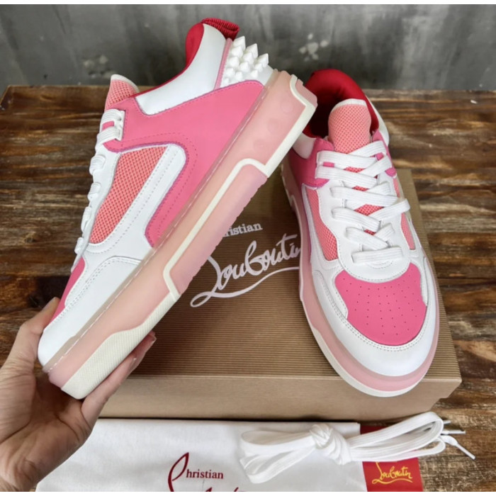 Christian Louboutin Pink White Mixed‑Media Spiked Low‑Top Sneakers