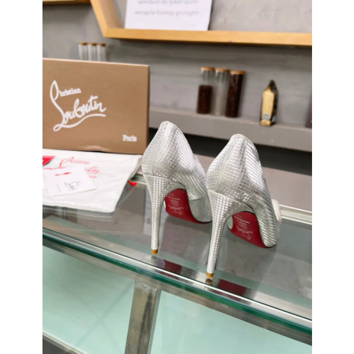 Christian Louboutin Silver Textured Scalloped 100mm heel Pump