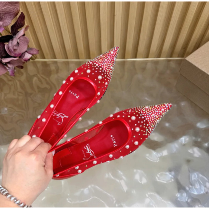 Christian Louboutin Red Mesh Pearl Crystal‑Embellished Pointed‑Toe Flat Pumps