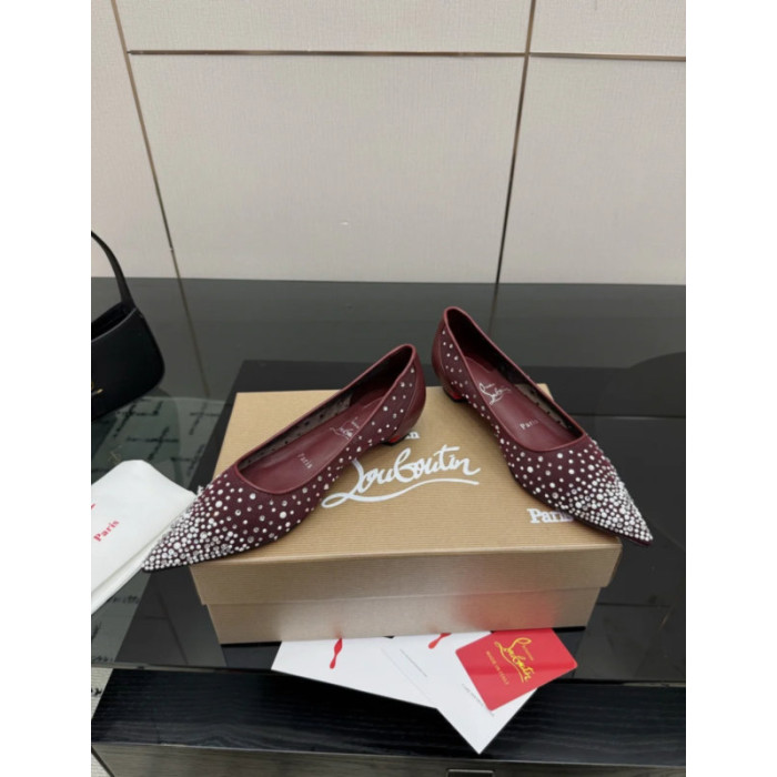 Christian Louboutin Burgundy Mesh Crystal‑Embellished Pointed‑Toe Flat Pumps