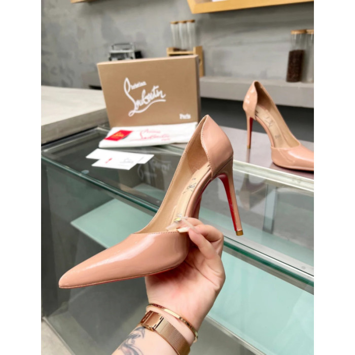 Christian Louboutin Nude Patent Leather Half‑d'Orsay Pointed‑Toe 100mm heel Pumps