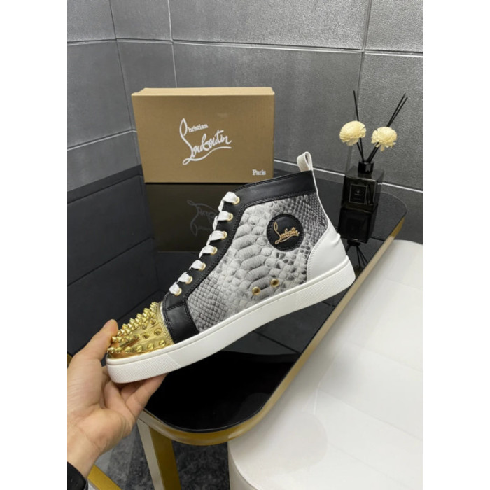 Christian Louboutin Grey Snake‑Print Gold‑Spiked High‑Top Sneakers