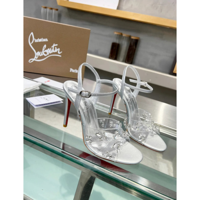 Christian Louboutin Silver Metallic Crystal‑Adorned 100mm Stiletto heel Sandals