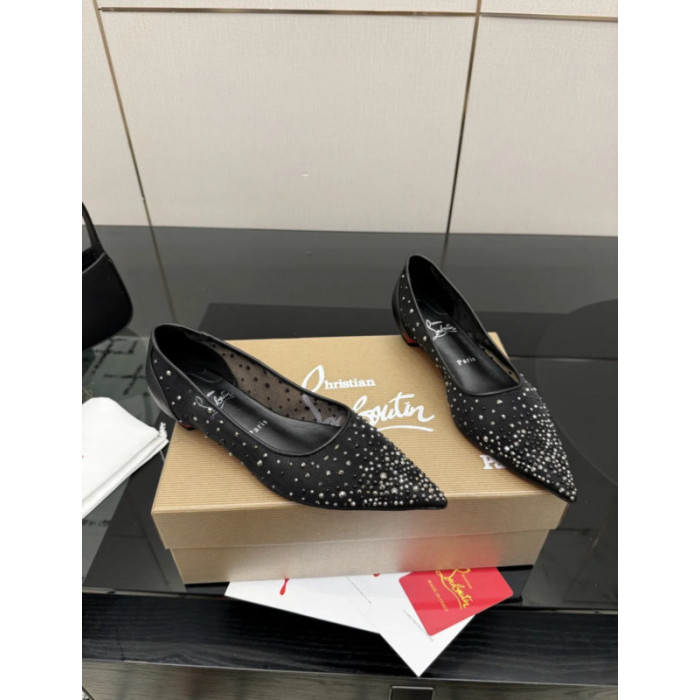 Christian Louboutin Black Mesh Crystal Pointed‑Toe Flat Shoes