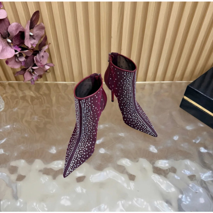 Christian Louboutin Burgundy Mesh Crystal‑Embellished 120mm Pointed‑Toe Stiletto Heel Ankle Boots
