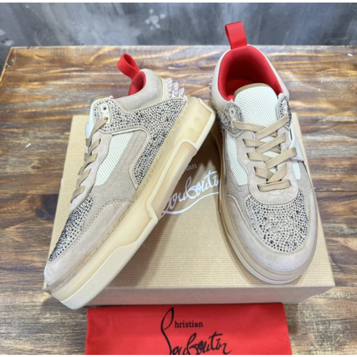 Christian Louboutin Beige Suede Crystal Spiked Platform Low‑Top Sneakers