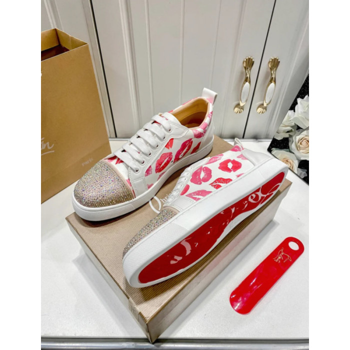 Christian Louboutin Lips‑Print Crystal‑Toe Low‑Top Lace‑Up Sneakers