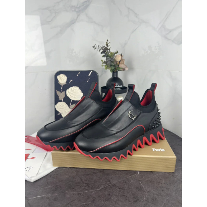 Christian Louboutin Black Slip‑On Sneakers Red Zigzag Sole Spiked Heel