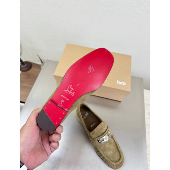 Christian Louboutin Khaki Suede Metal‑Accent Slip‑On Loafers