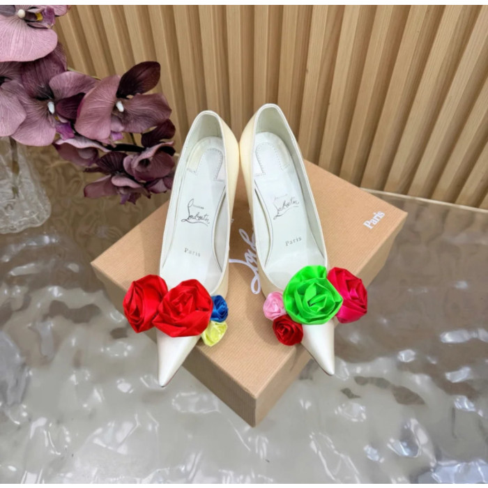 Christian Louboutin Off‑White Satin Multicolor Fabric Flower 100mm Stiletto Heel Pumps
