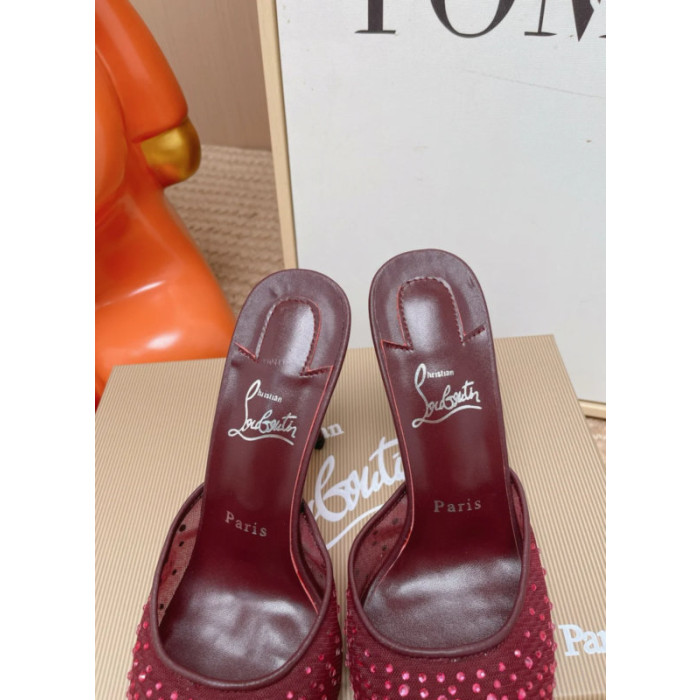 Christian Louboutin Burgundy Mesh Pink Crystal‑Embellished 100mm Pointed‑Toe Stiletto Heel Mules