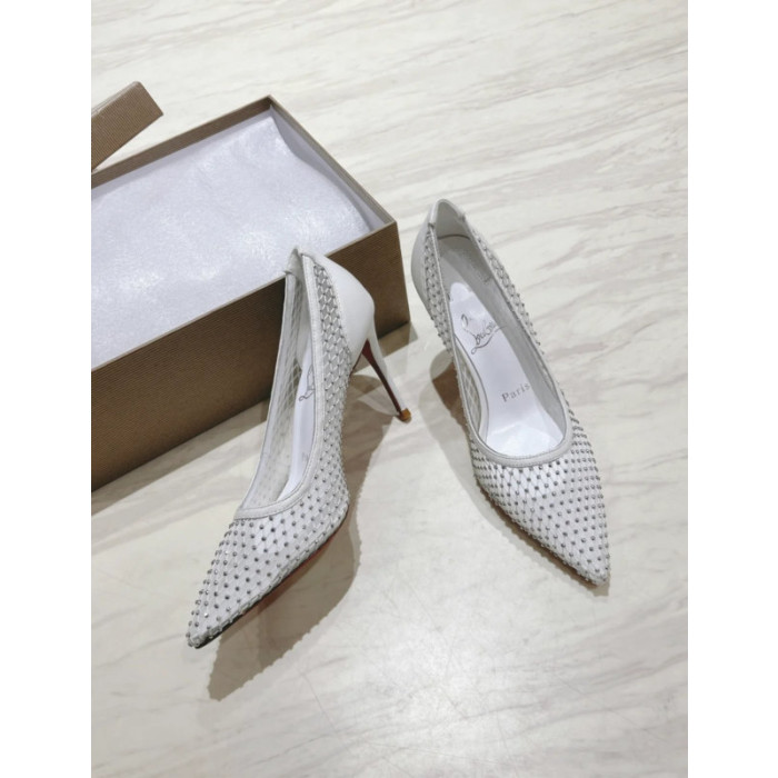 Christian Louboutin White Mesh 80mm Apostropha Crystal‑Embellished Pointed Toe Heel Pumps