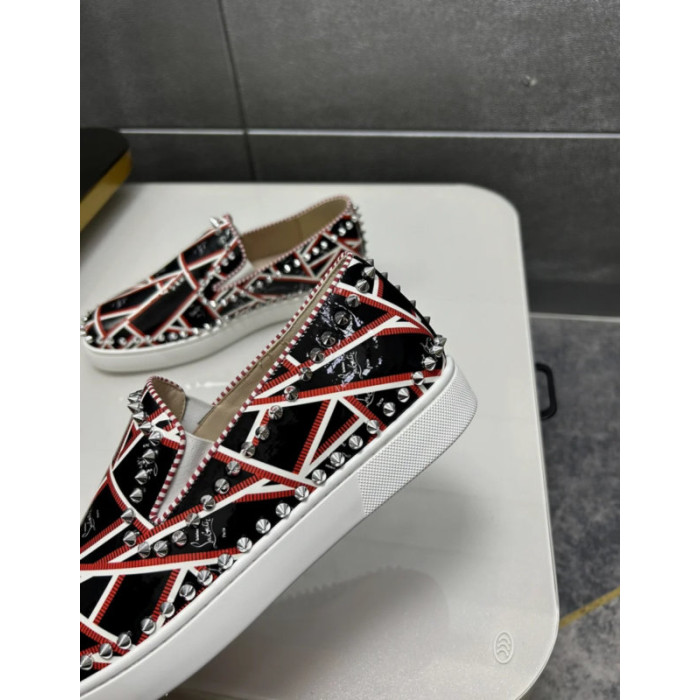 Christian Louboutin Black Patent Geometric‑Print Spiked Slip‑On Sneakers