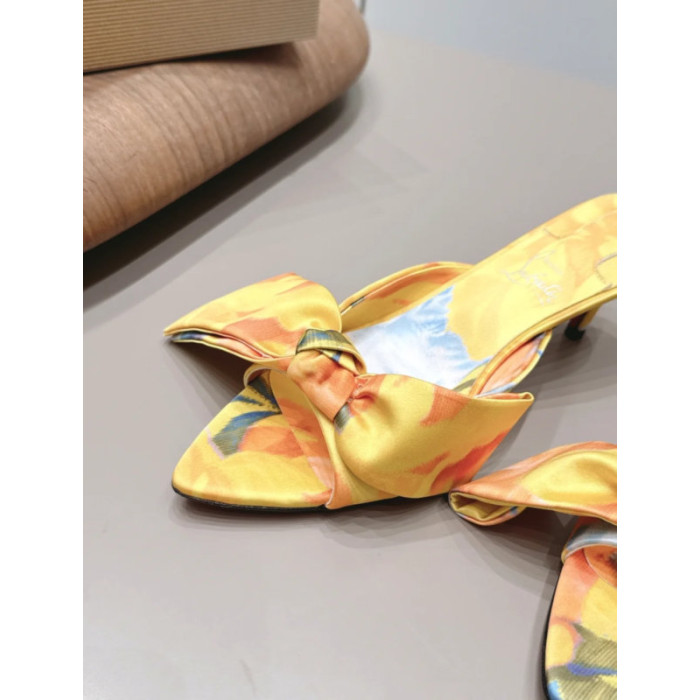 Christian Louboutin Yellow Watercolor‑Print Satin Bow Mule Kitten Heel Sandals 55mm heel