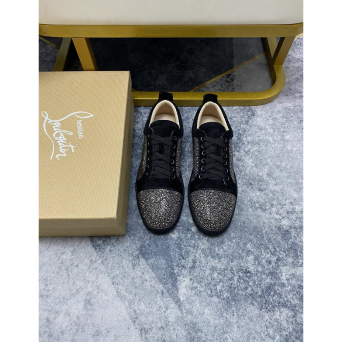 Christian Louboutin Black Suede Gunmetal Crystal‑Encrusted Low‑Top Sneakers