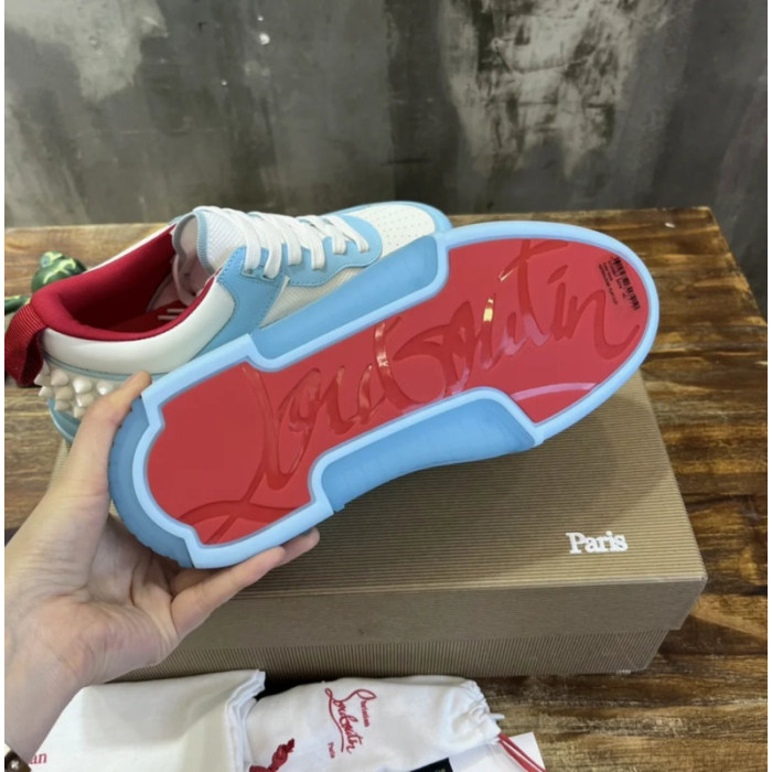 Christian Louboutin Light‑Blue‑White Spiked Platform Low‑Top Sneakers