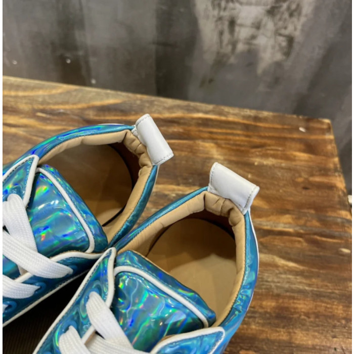 Christian Louboutin Holographic Blue Black‑Spiked Low‑Top Sneakers