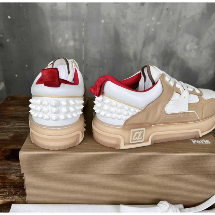 Christian Louboutin Beige White Mixed‑Media Spiked Low‑Top Sneakers