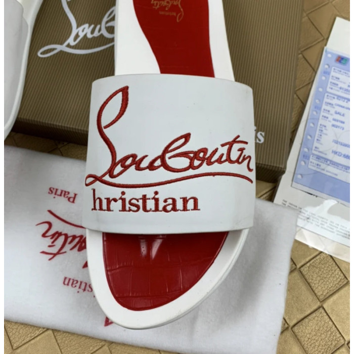 Christian Louboutin White Slide Sandals With Red Embossed Signature Logo