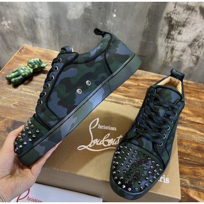 Christian Louboutin Green Camouflage Gunmetal‑Spiked Low‑Top Sneakers