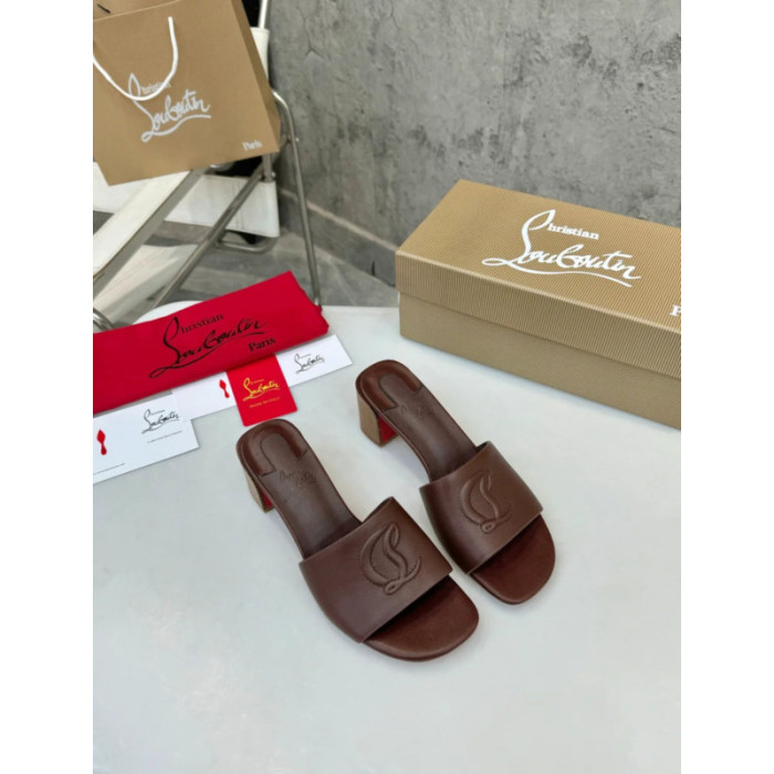 Christian Louboutin Brown Leather 55mm heel Block Heel Slide Sandal