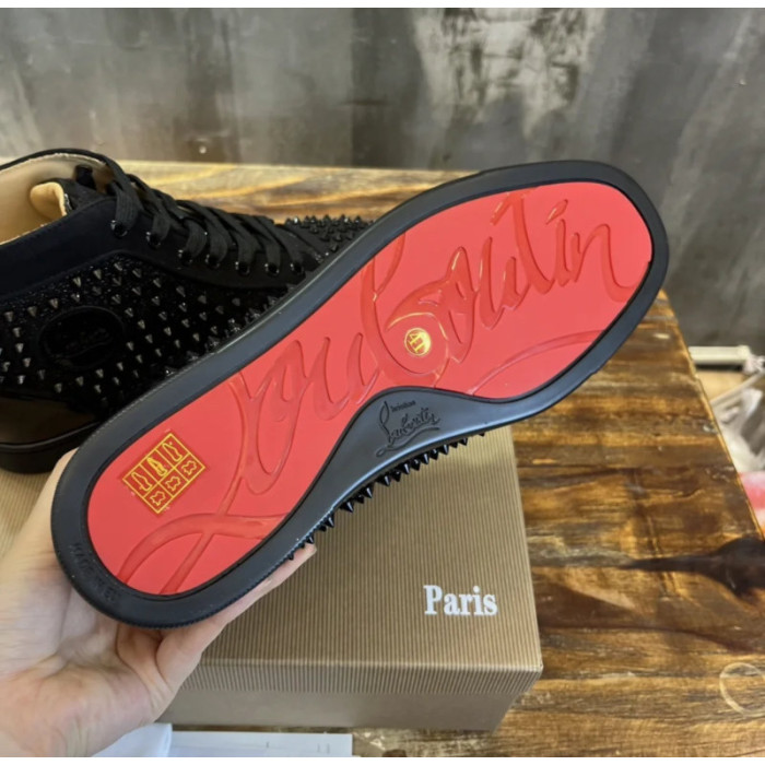 Christian Louboutin Black Glitter Spike‑Embellished High‑Top Sneakers