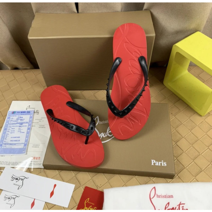 Christian Louboutin Red Embossed‑Logo Studded Flip‑Flop Sandals