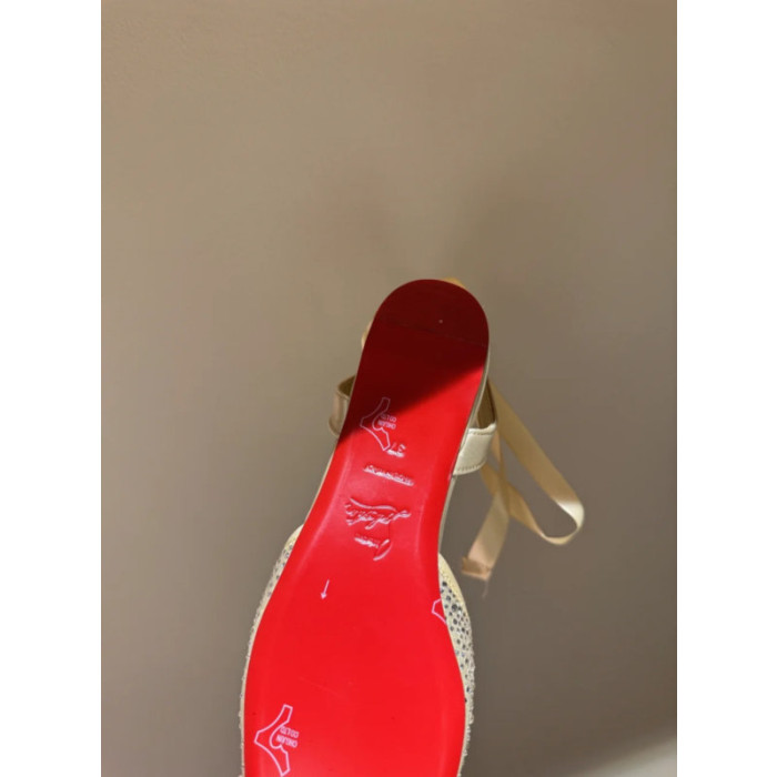 Christian Louboutin Gold Satin Crystal Tie‑Ankle Ballet Flats