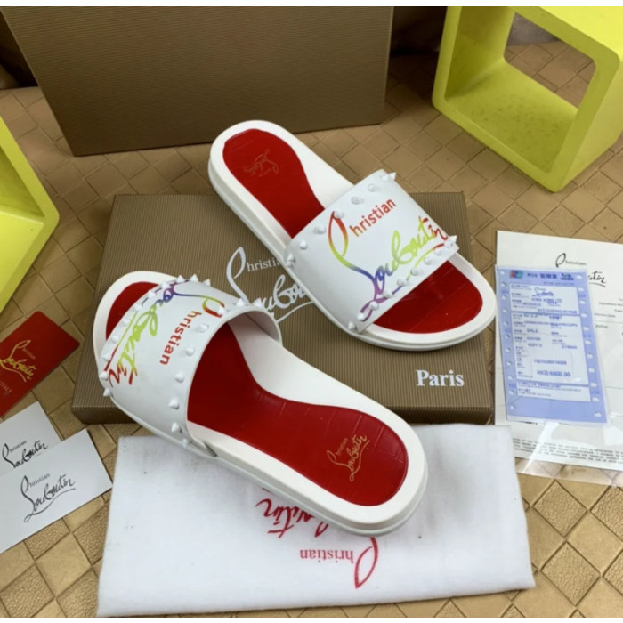 Christian Louboutin White Rainbow‑Logo Spiked Slip‑On Slide Sandals