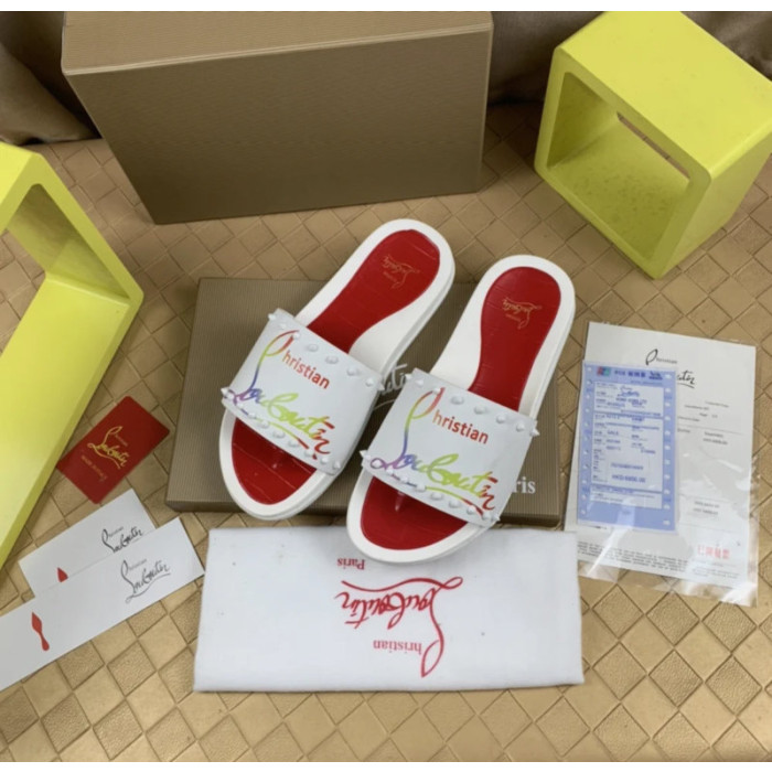 Christian Louboutin White Rainbow‑Logo Spiked Slip‑On Slide Sandals