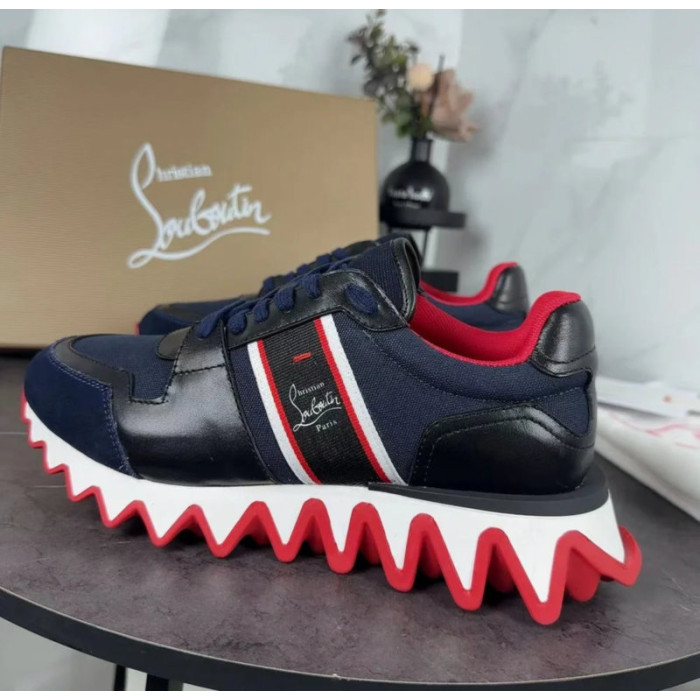 Christian Louboutin Navy‑Black Color‑Block Lace‑Up Sneakers Red Shark‑Tooth Sole