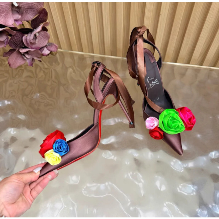 Christian Louboutin Burgundy Satin Multicolor Fabric Flower 100mm Stiletto Heel Slingback Pumps