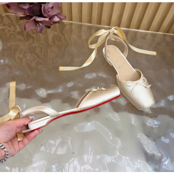 Christian Louboutin Ivory Satin Bow Ankle‑Tie Slingback Ballet Flats